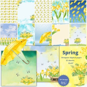 Digitales Papier Set, Frühlings digitales Papier, Gelbe Tulpen Papier, Aquarell Hintergrund, Scrapbook Papier, Druckbares digitales Papier, Digitaler Download