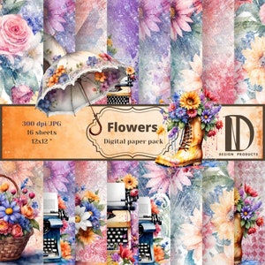 Blumen, digitales Papier, Frühlingsblumen, Grunge Blumen Hintergrund, Scrapbookpapier, bedruckbares digitales Papier, digitaler Download Papier, Scrapbooking