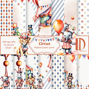 Digital paper pack,Circus,Cute circus animals ,Project paper for kids,Printable paper,Scrapbook paper,Digital download,Commercial use