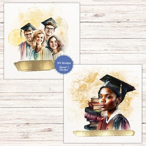 May include: Watercolor illustrations of graduation themes. One image features a group of graduates in caps and gowns, smiling. The other shows a graduate with a stack of books. Both images have a gold brushstroke and the text "DN Design dreams come true."