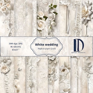 Weißes Hochzeitspapier Set, Hochzeitspapier, Hintergrund mit weißen Blumen, bedruckbares Papier, kommerzielle Nutzung, Spitzenmotive, Scrapbooking-Papier
