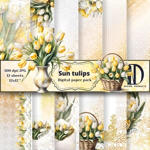 Sonnentulpen, digitales Papier, Gelbe Tulpen, Hintergrund mit Spitze, bedruckbares Papier, Hintergrund gelb, Frühlingspapier, Scrapbooking, Scrapbooking auf digitalem Papier