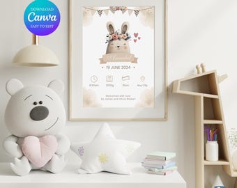 Birth Stats Poster Canva, Boho Bunny Newborn Print, Baby Keepsake Nursery Wall Art, Baby Girl Printable A4 A3 Instant Download