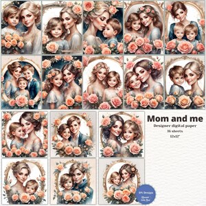 Pacote de papel digital mãe e eu, imagens de mãe e filho emolduradas com flores, papel para o dia da mulher, uso comercial, ideal para fazer cartões