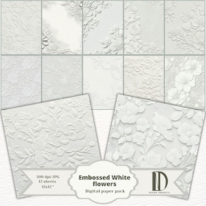 Embossed White flower digital paper pack, Floral Digital Paper, White Background texture, Digital download, Printing paper, Scrapbooking