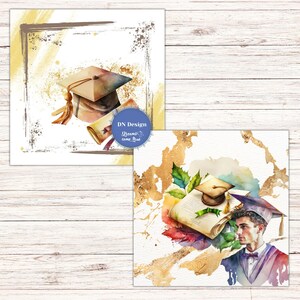 May include: Watercolor illustrations featuring graduation themes. One image shows a mortarboard, diploma, and text "DN Design Dreams come true". The other image shows a graduate with a mortarboard and diploma.