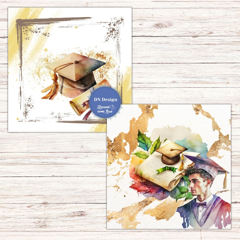 May include: Watercolor illustrations featuring graduation themes. One image shows a mortarboard, diploma, and text "DN Design Dreams come true". The other image shows a graduate with a mortarboard and diploma.