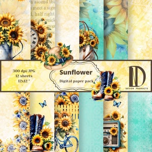 Paquet de papier numérique tournesol, journal indésirable tournesol, parfait pour le scrapbooking, fond jaune et turquoise, papier imprimable, usage commercial