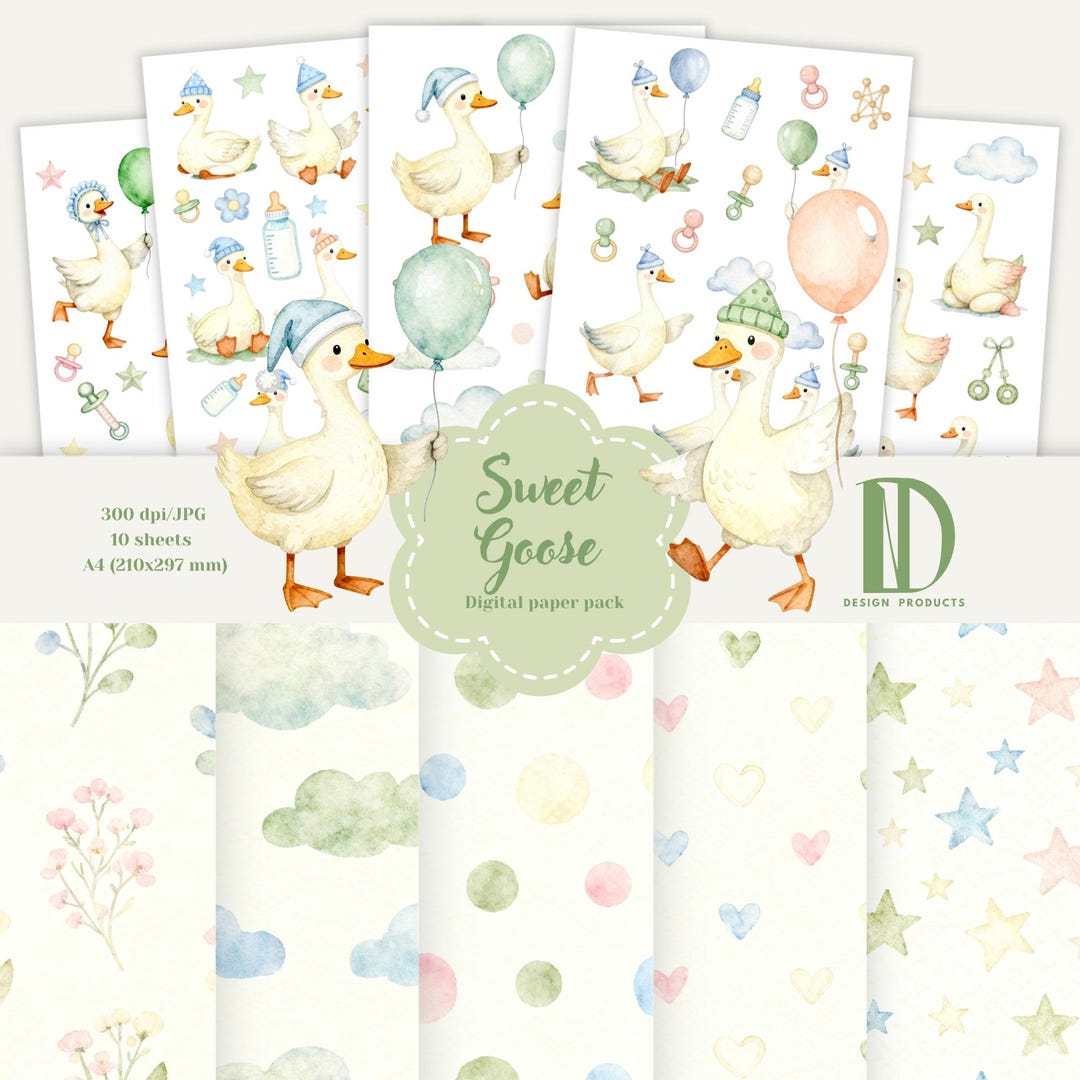 Sweet Goose Digital Paper Pack, Watercolor Baby Shower Paper, Scrapbook ...
