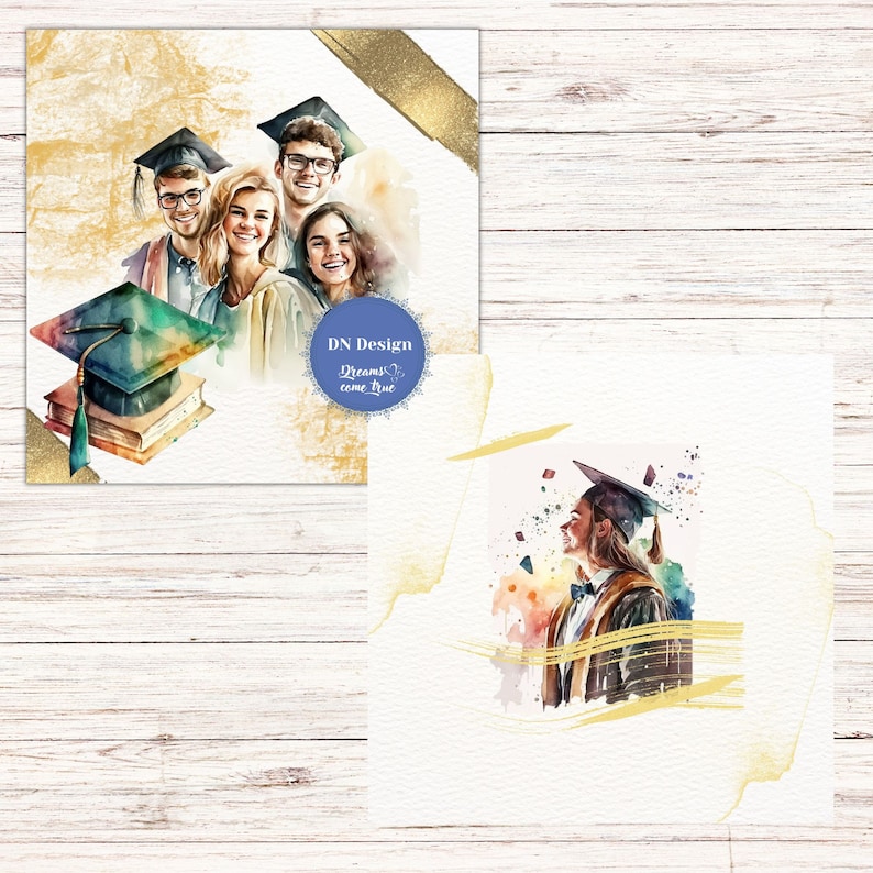 May include: Watercolor illustrations of graduation themes. One image features a group of graduates in caps and gowns, smiling. Another shows a graduate in a cap and gown. A graduation cap sits atop books. The images have a gold and white background.