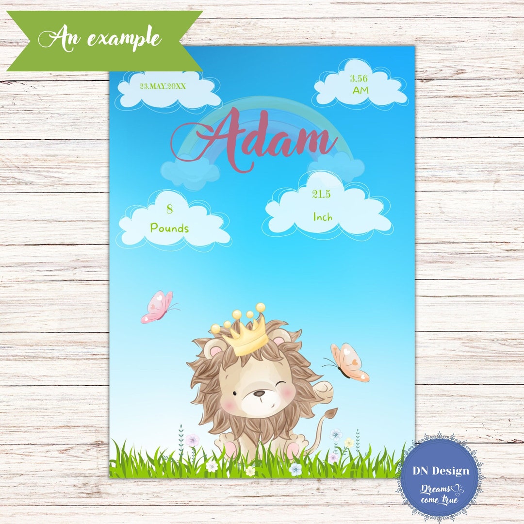 Cute Lion Cub,printable Birth Stats Wall Art,birth Announcement,poster ...