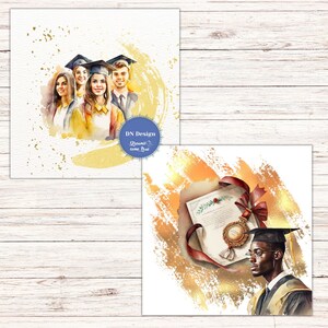 May include: Watercolor illustrations of graduation themes. One image features a group of graduates in caps and gowns. The other shows a diploma with a ribbon and a graduate in a cap and gown. The images have gold and yellow accents.