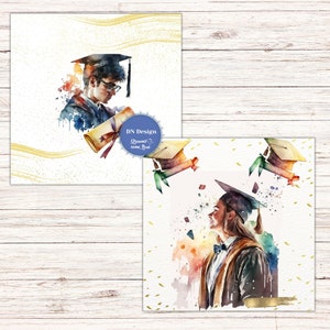May include: Watercolor illustrations of graduation themes. One image features a graduate in a cap and gown holding a diploma. The second image shows a graduate looking up at floating caps and diplomas. The images have a watercolor effect with gold accents and the text "DN Design Dreams come True".