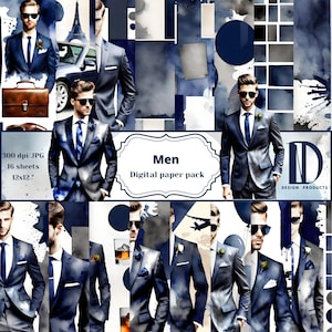 Mannen, digitaal papierpakket, modern herenpapier, indrukwekkende ontwerpen met mannen in pakken, aquarel blauwgrijze achtergrond, commercieel gebruik