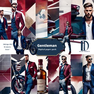 Puede incluir: Un paquete de papel digital titulado "Gentleman" con ilustraciones de hombres con trajes, coches y motocicletas. La paleta de colores incluye tonos de rojo, azul y blanco. El paquete incluye 16 hojas.