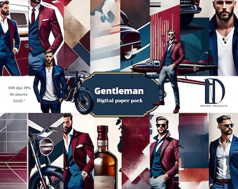 Masculine Gentleman Digital Paper Pack 16 Sheets 12x12" Vintage Suits Classic Car Plane Whiskey 300DPI JPG for Scrapbooking Instant Download