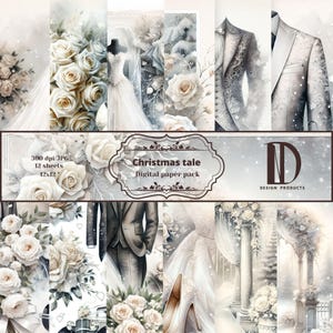 Pacote de papel digital para casamento, papel para casamento de inverno, rosas brancas, flocos de neve, fundos de inverno, papel digital para scrapbooking, papel para impressão, casamento