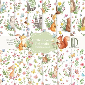 May include: A collection of watercolor digital paper sheets featuring woodland animals and floral designs. The patterns include foxes, raccoons, squirrels, and butterflies. The text reads "Little Forest Friends" and "Digital paper pack".