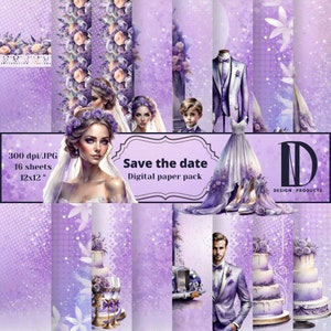Pack de papier numérique Réservez la date, Papier numérique pour mariage, Fond violet, Papier de mariage en dentelle, Fleurs, Papier numérique pour scrapbooking