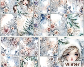 Winter Digital Paper Pack,Floral and Lace Background,Flowers,Cute Girls,Christmas Scrapbook paper,Commercial use