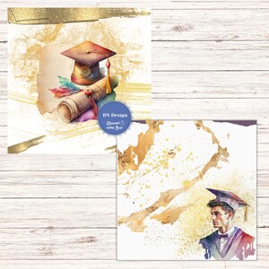 May include: Watercolor illustrations of graduation themes. One image features a graduation cap, diploma, and autumn leaves. The other shows a graduate in a cap and gown with gold accents. The images have a white background with gold brushstrokes.