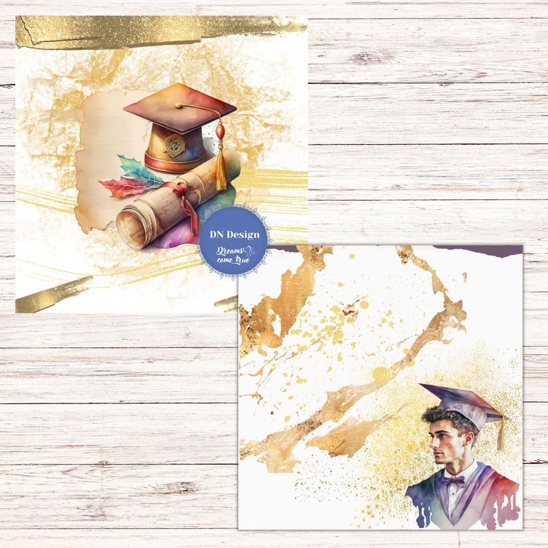 May include: Watercolor illustrations of graduation themes. One image features a graduation cap, diploma, and autumn leaves. The other shows a graduate in a cap and gown with gold accents. The images have a white background with gold brushstrokes.