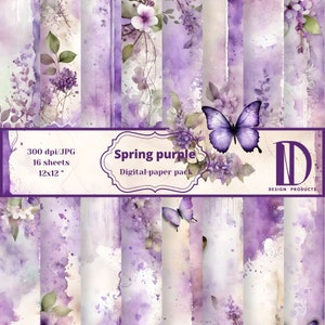 Pack de papier numérique violet printanier, Papier numérique aquarelle floral, Papier de scrapbooking, Arrière-plans avec des papillons, Papier imprimable, Usage commercial