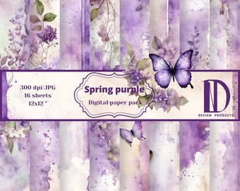 Purple Floral Watercolor Paper: Spring Butterfly Backgrounds (Digital Download)