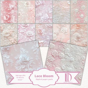 Lace Digital Paper Pack, Elfenbeinfarbenes und weißes Blumenmuster mit Rosen, sanfter rosa Hintergrund mit Farbverlauf für elegante Designs, Blumenpapier