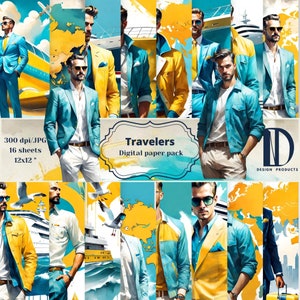 Viaggiatori uomo Pacchetto di carta digitale,Carta moda maschile,Per lui,Yacht, Viaggio,Progetti di compleanno maschili,Giallo, Sfondo blu mare,Uso commerciale