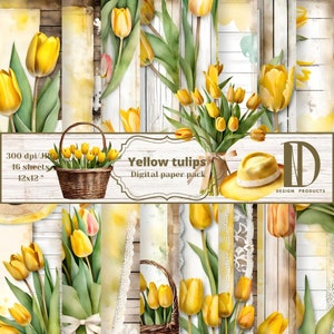 Gelbe Tulpen, digitales Papier mit Blumenmuster, Holzhintergrund, Spitze, Vintage Scrapbookpapier, bedruckbares Papier, kommerzielle Nutzung