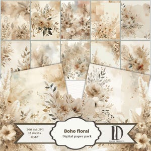 Boho floral floral Papier Pack, Hochzeit Scrapbook Papier, abstrakte Aquarell Boho Hintergrund, digitaler Download, Druckpapier, Scrapbook
