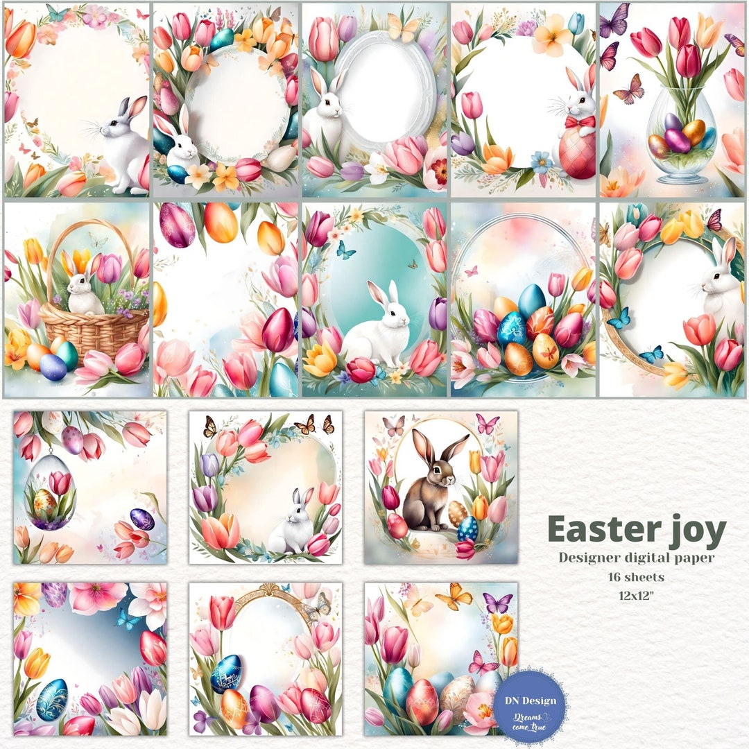Watercolor Easter Digital Paper Pack: Tulips, Eggs, Rabbit (digital ...