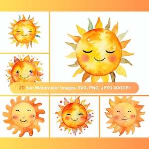 20 Sun Watercolor png, transparent background, Sun Watercolor clipart, Sun Watercolor SVG & JPEG 300 DPI
