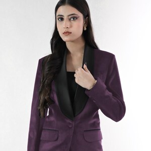Purple Women&#39;s Tuxedo Suit with Satin Lapel - Elegant Formal Wear for Special Occasions | Modern Tailored Design | Wedding and office suit,