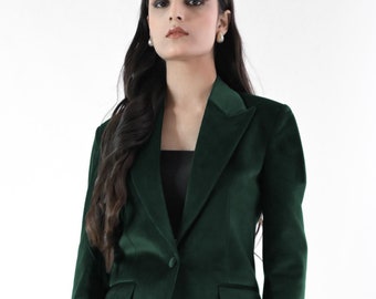 Emerald Green Women Blazer Suit, Office Women 2 piece Suit with Flurry Pants, Buttoned Vest and Single-Breasted Blazer,Office Wear for Women