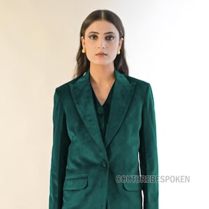 Rama Green Velvet 3-Pc Women's Suit | Single-Breasted Blazer Flared Pants Elegant Business & Formal Suit | Wedding Party  Office Suit.