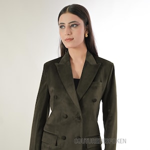 Olive Green Velvet Double Breasted Women’s Suit | Luxury Blazer & Flared Pants Set | Elegant Formal Wear, Evening Suit, Velvet Pantsuit.