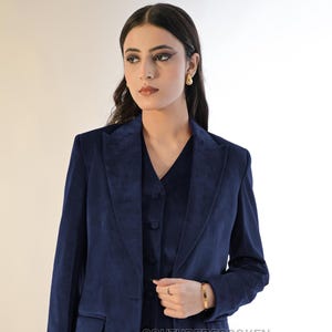 Navy Blue Velvet 3-Piece Women&#39;s Suit | Single-Breasted Blazer Flared Pants | Elegant Business & Formal Suit | Wedding, Party  Office Suit.