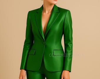 May include: A vibrant green blazer and matching pants. The tailored suit features a single-button closure, notched lapels, and a sleek, modern design. The outfit is made of a smooth, possibly leather-like material.