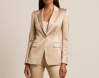 Champagne Two Piece Satin Suit, Ankle Tapered Pants Women, Wedding Bridesmaids Guest Formal Office Dinner Party Suit, Custom Order Suit.