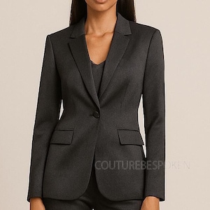 Charcoal Grey Women Satin Suit, Classic 2-Piece Formal Business Attire, High-Waisted Wide Leg Bootcut, Wedding Bridesmaids, Prom Suit.