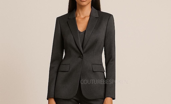 Charcoal Grey Satin Women's Suit, Wide Leg Business Attire Charcoal Grey Satin Women's Suit, Wide Leg Business Attire