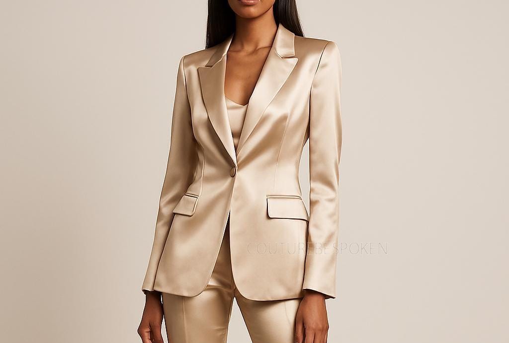 Champagne Two Piece Satin Suit, Tall Bootcut Trouser Outfit, Wedding Bridesmaids Guest Formal Office Dinner Party Suit, Custom Order Suit.