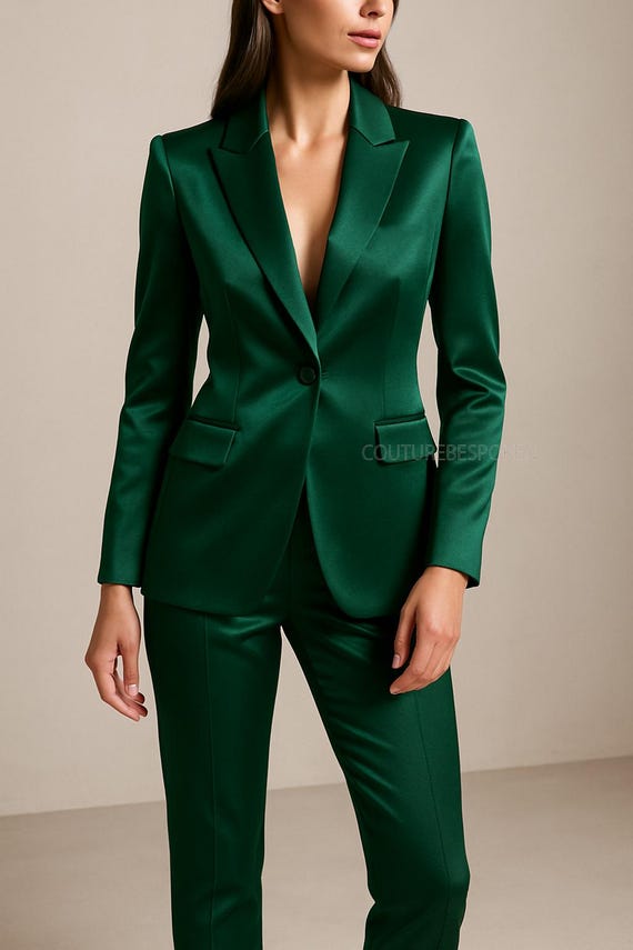 Emerald Green Satin Pantsuit for Women, Slim Tapered Trousers