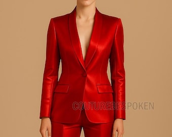 Red Satin Two Piece Women’s Suit - Two-Piece Pantsuit, Elegant Formal Suit, Stylish Wedding Bridesmaids, women&#39;s suits, Formal Office.
