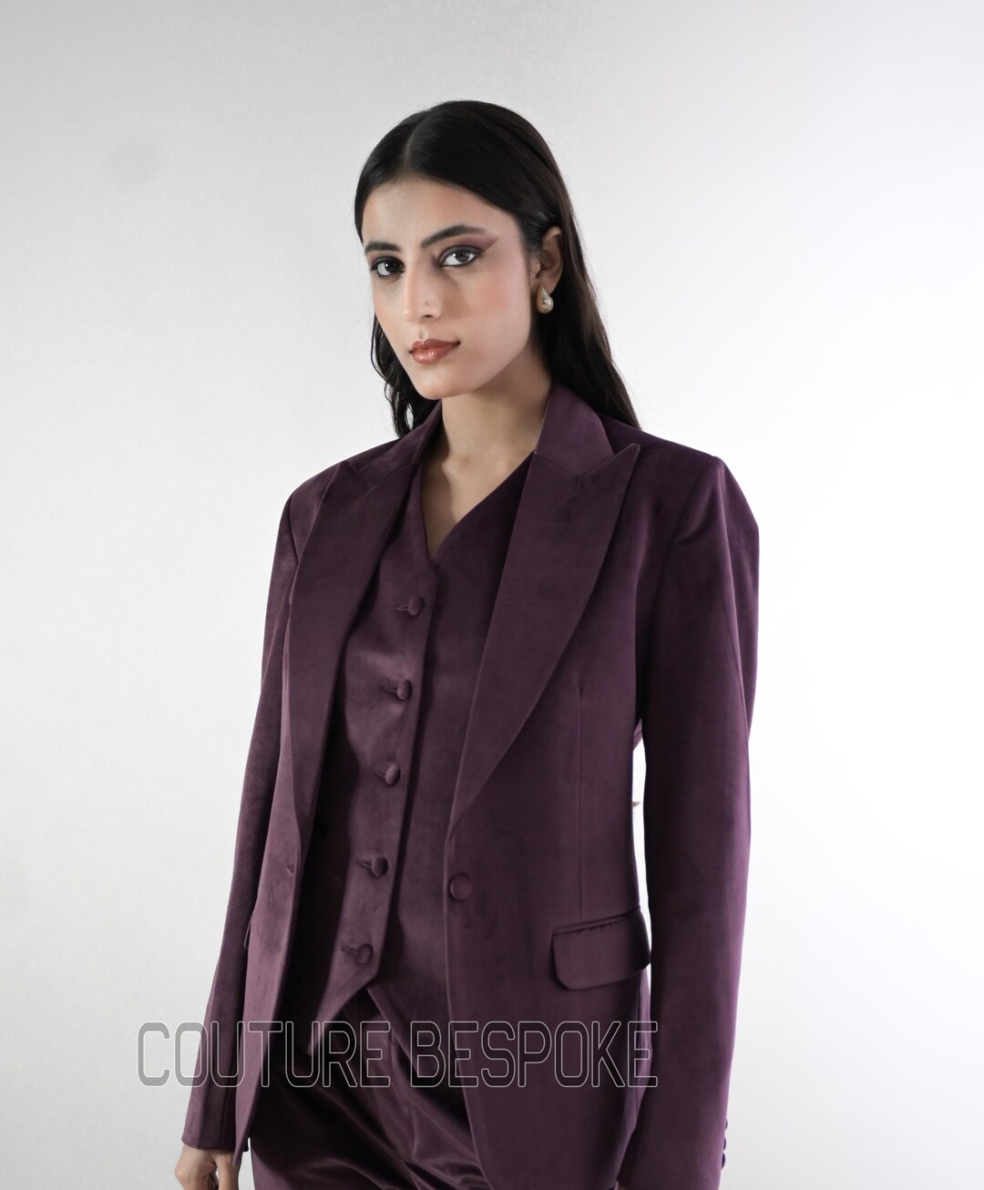 Elegant Two Piece Black Lapel Suit Dress with Purple Velvet main image 0
