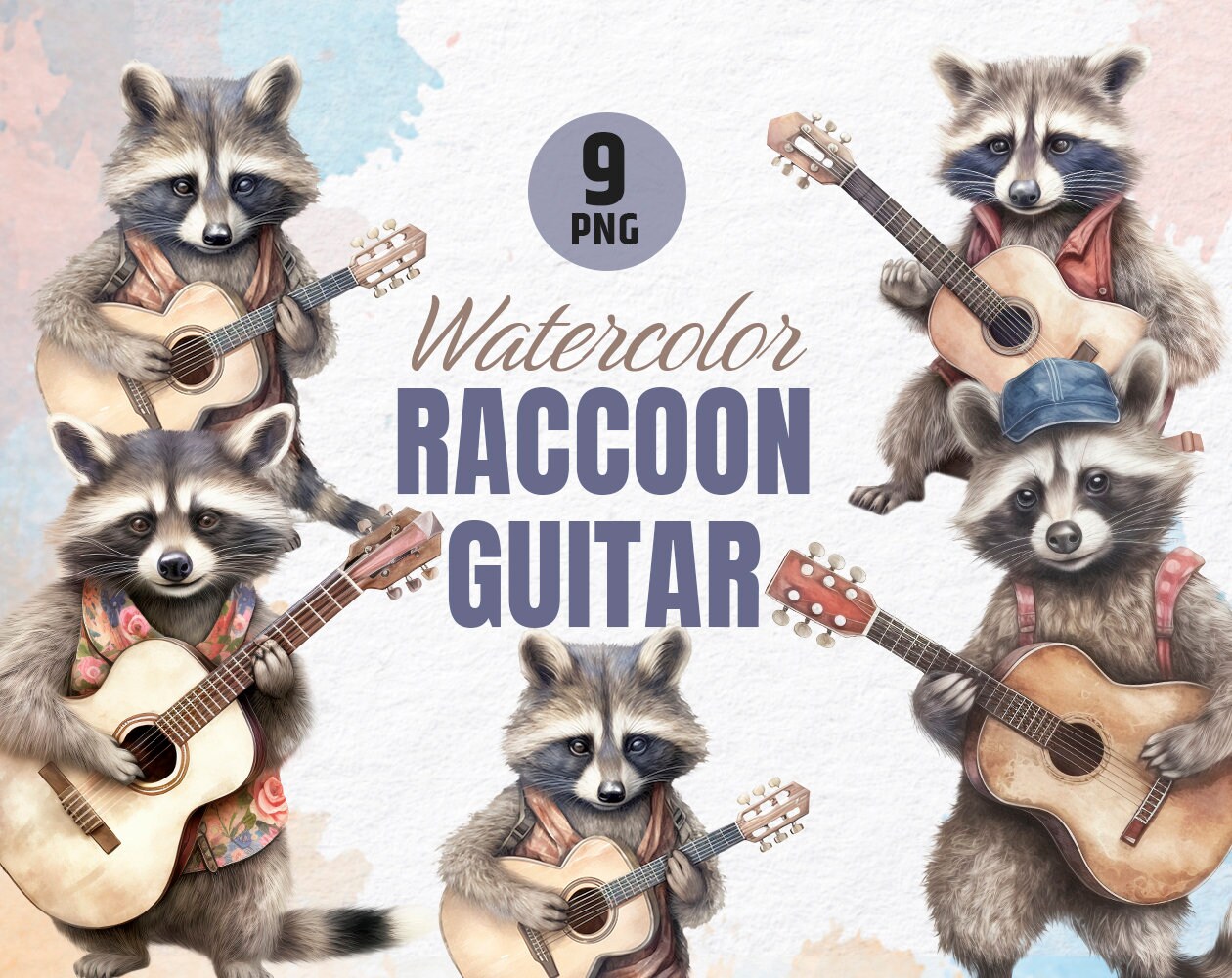 Raccoon Playing Guitar Clipart | Watercolor Digital Art | Watercolor ...