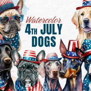 4th of July Dogs Watercolor Clipart, Digital Art, Watercolor Art, Digital Clipart, Artwork, Print, Instant Download, PNG