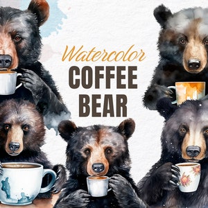 Black Bear drinking Coffee Clipart, Watercolor Digital Art, Watercolor Art, Digital Clipart, Artwork, Print, Instant Download, PNG